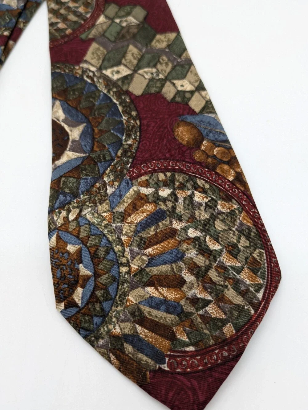 Vintage Structure Maroon Blue Tan Abstract Geometric Silk Mens Tie